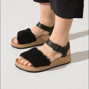 Birkenstock Papillio Glenda Teddy Black Fuzzy Cork Platform Sandals 39 8 N